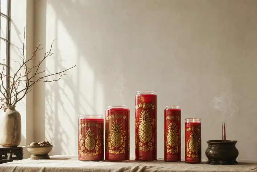Red glass altar candles with gold foil on a linen-covered table